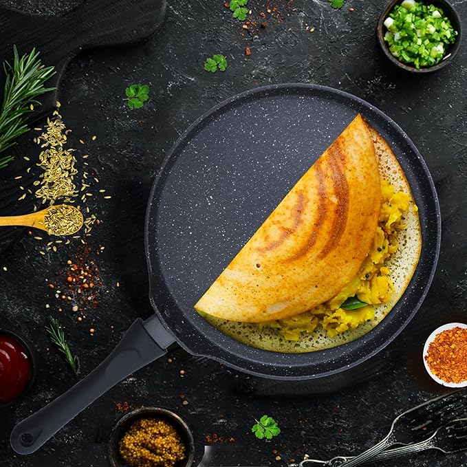 Granite Dosa Tawa Non Stick Pan 28 cm, Dosa Tawa Induction Base & Gas Compatible With Soft-touch Handles - Black