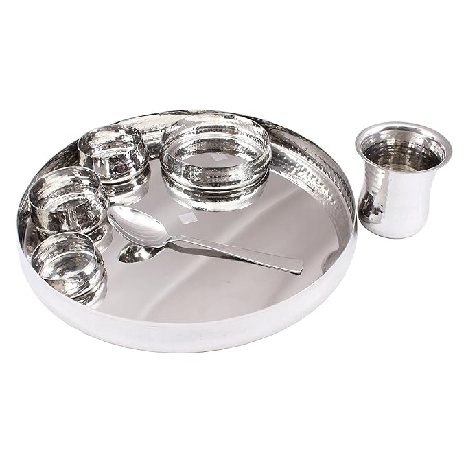 Stainless Steel Curved Dinner Set/Thali Set of 1 Plate 1 Small Plate, 2 Bowl, 1 Small Bowl, 1 Glass