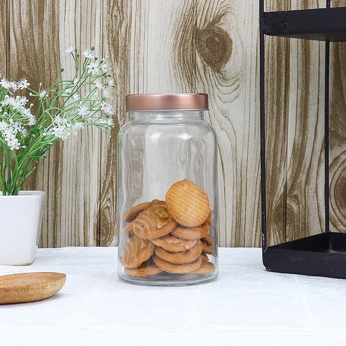 Kitchen Storage Jars Clear Glass Jar With Steel Lid Air Tight Jar, 1500 ml, Pack of 4, Golden Lid
