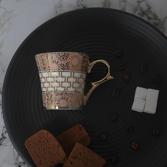 Golden Daisy Finish Ceramic Tea Cups, Coffee Mugs, 160 ml, Golden, 6 Pcs Set, Not Microwave Safe