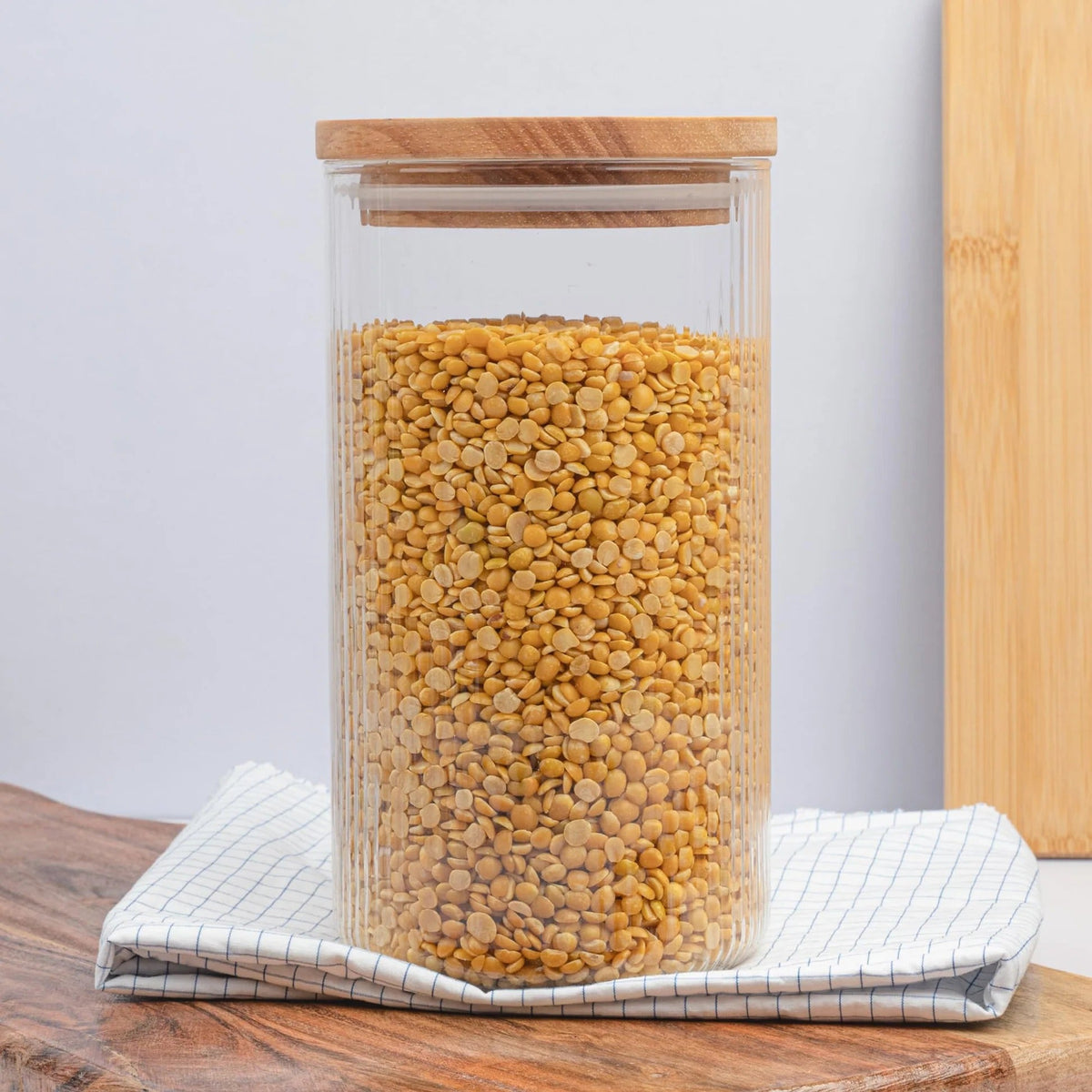 1L Borosilicate Ribbed Glass Jar, Airtight, Rubberwood Lid, Clear