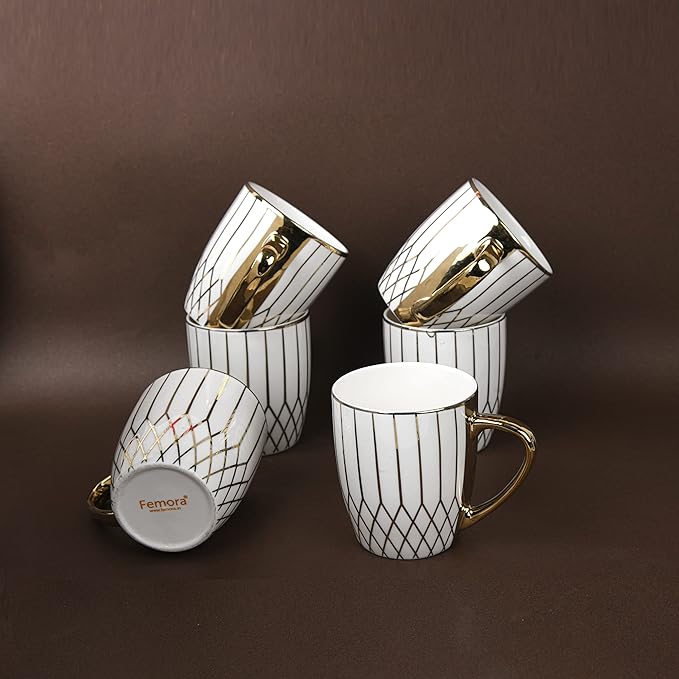 Gloden Branch Pattern Golden Tea Mugs, Ceramic Tea Cups, Coffee Mugs, 160 ml, Golden, 6 Pcs Set