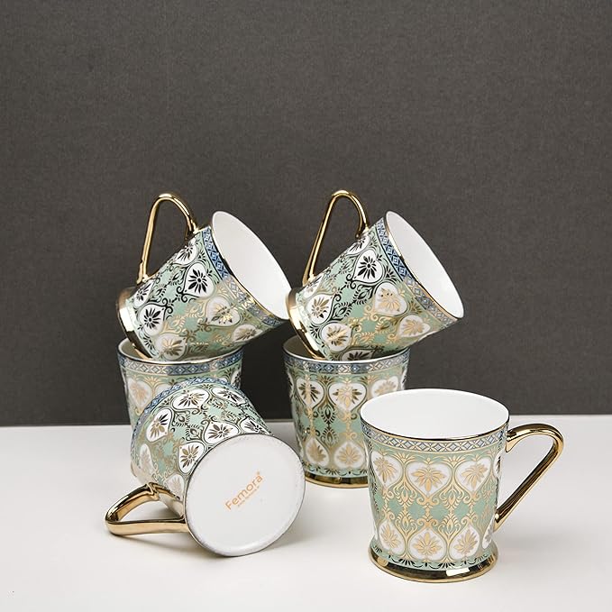 Golden Leaves Pattern Golden Tea Mugs, Ceramic Tea Cups, Coffee Mugs, 160 ml, Golden, 6 Pcs Set