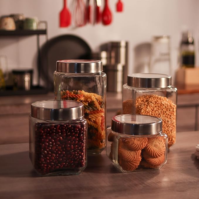 Kitchen Storage Jars Transperent Glass With Steel Lid Air Tight Jar, 850 ml, 1150 ml, 1550 ml, 2000 ml