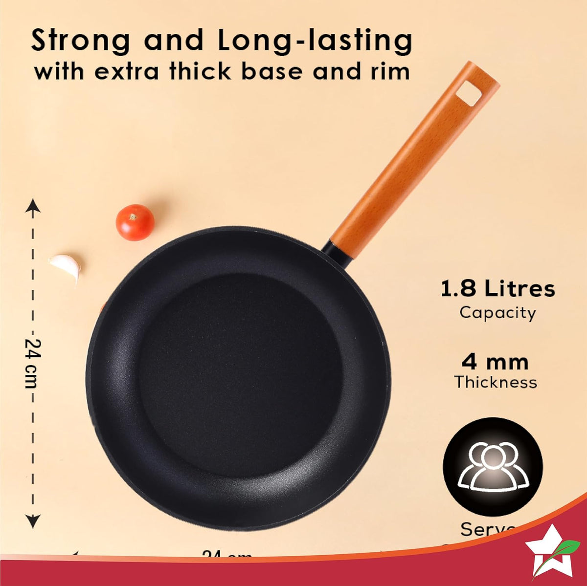 Non-Stick Fry Pan, Induction Bottom, Wooden Handle, Pure Grade Aluminium, 24 cm Frying Pan Non Stick