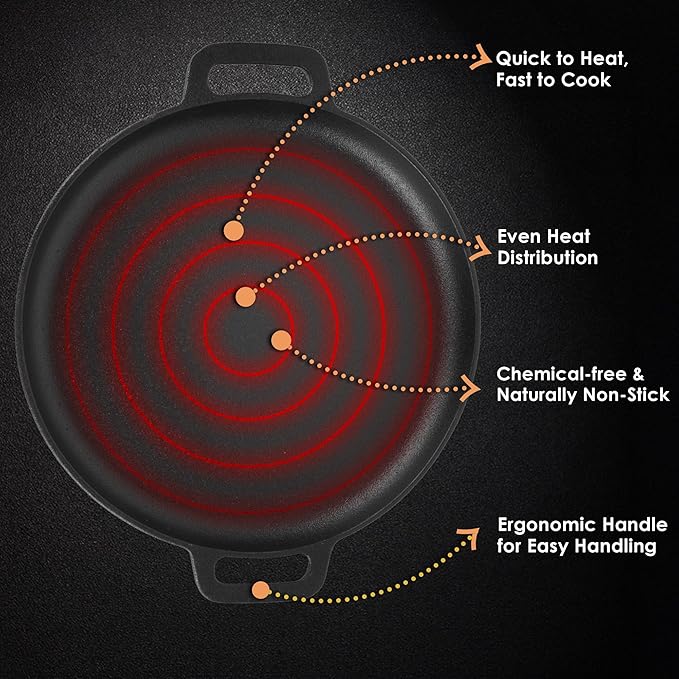 Stone Premium Cast Iron Tawa for Dosa 30 cm With 2 Loops, Tawa for Dosa, Gas & Induction Friendly