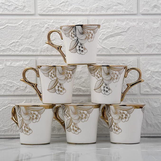 Gold Wild Shroom Tea Mugs, Ceramic Tea Cups, Coffee Mugs, 160 ml, 6 Pcs Set, Not Microwave Safe