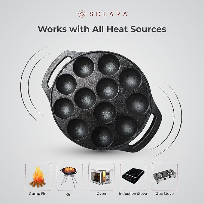 Pre Seasoned Cast Iron Paniyaram Pan 12 Cavities 20 cm Appam Patra, Paniyarakkal Pan, Cast Iron Cookware