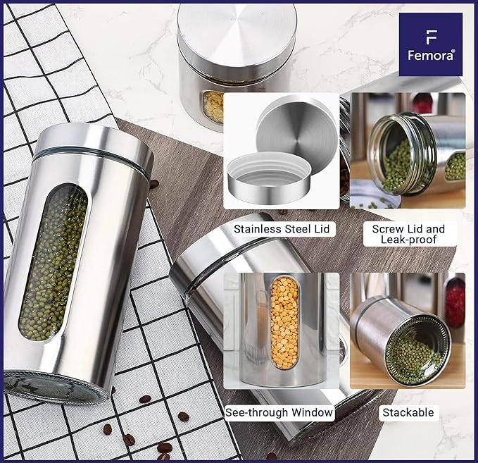 Kitchen Storage Jars Steel Body With See Through Window Jar, 1300 ml, Set of 2