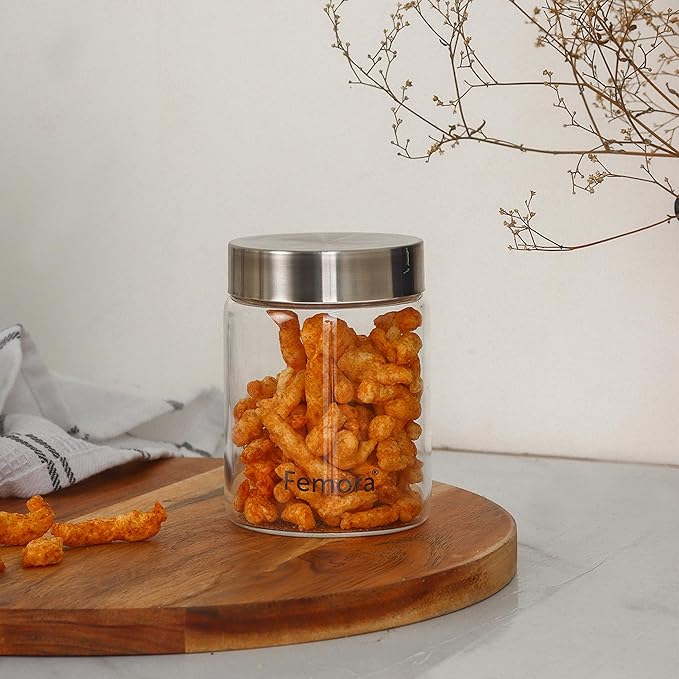 Kitchen Storage Jars Borosilicate Glass With Steel Lid Air Tight Jar, 350 ml, Pack of 6