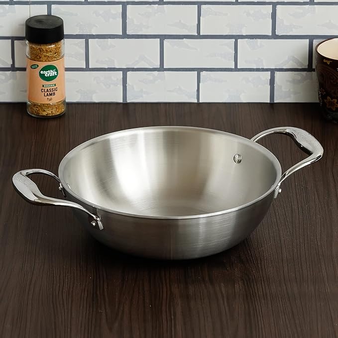 Induction Safe, Stain Resistant, Zero Coating Stainless Steel Tri-ply Deep Frying Kadhai Pan, Silver