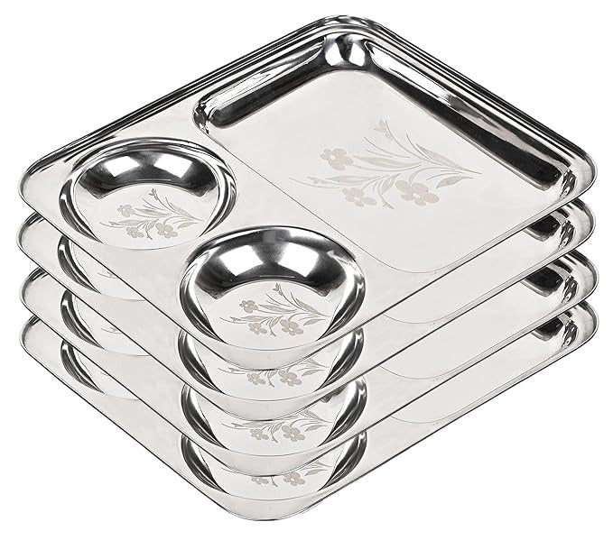Stainless Steel Laser Partition Plate 3 in1, Bhojan Thali, Dinner Plate Set of 4