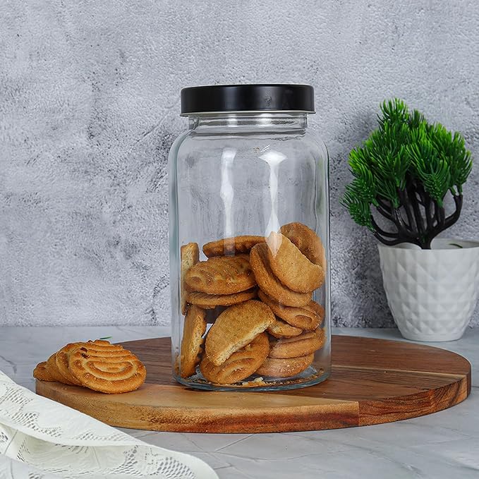 Kitchen Storage Jars Clear Glass Jar With Steel Lid Air Tight Jar, 1500 ml, Pack of 6, Black Lid