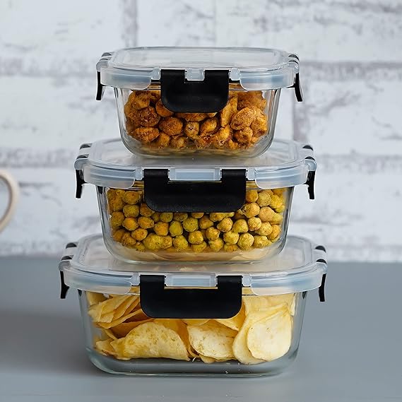 Borosilicate Square Microwave Oven Safe Glass Container With Dectahable & Break Free Lid, Black Color
