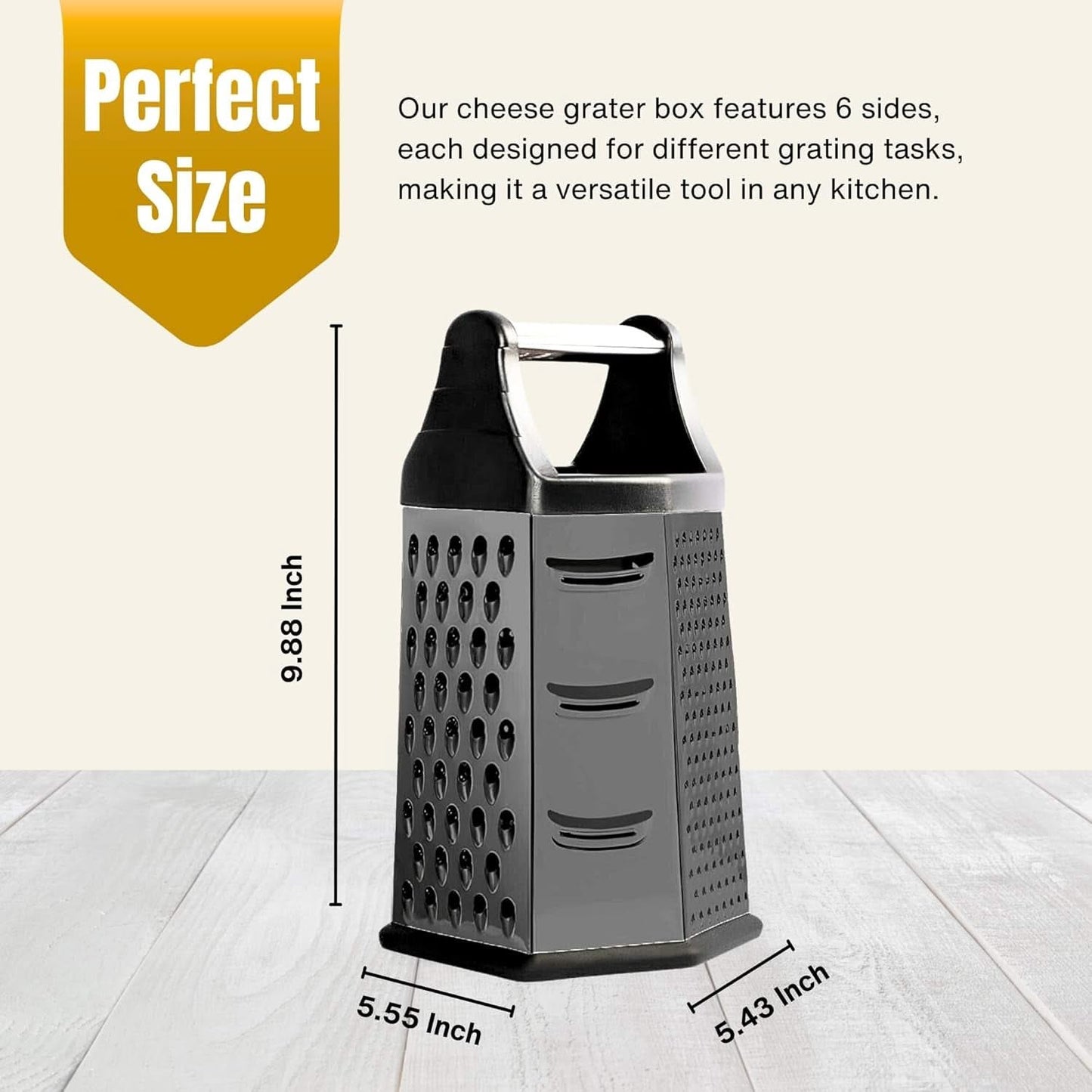 6-in-1 Stainless Steel Box Grater with Handle – Multipurpose All-in-One Shredder for Cheese, Vegetables, and More, Ideal for Grating, Slicing, and Zesting(Black)