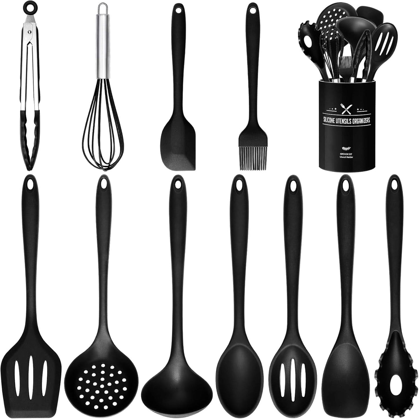 12-Piece Silicone Kitchen Utensils Set – Heat-Resistant Includes Holder, BPA-Free Non-Stick Spatulas and Tools, Perfect for Everyday Cooking (Black)