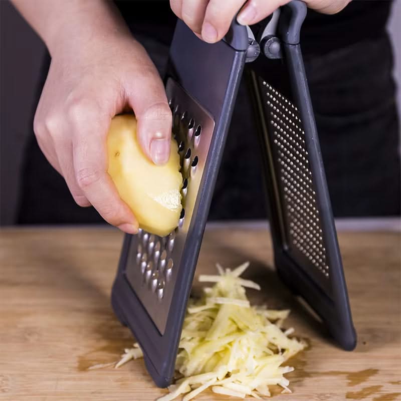 Modern Multifunctional Space-Saving Vertical Foldable Stainless Steel Grater—Double-Sided Design for Fine Grating of Cheese, Vegetables, and Fruit