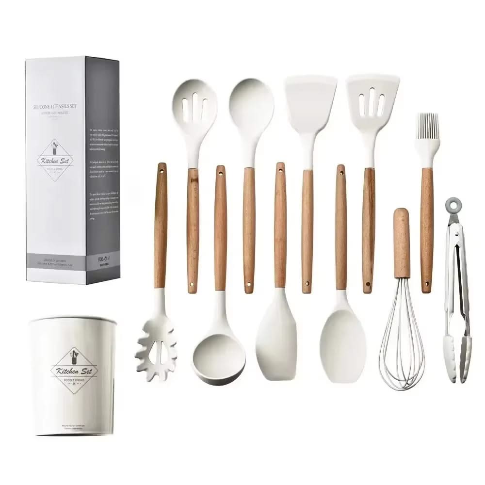 12-Piece Silicone Kitchen Utensils Set – Heat-Resistant Cooking Tools with Wooden Handles, Includes Non-Stick Spatulas, Spoons, Whisk, and Spoons for Everyday Use