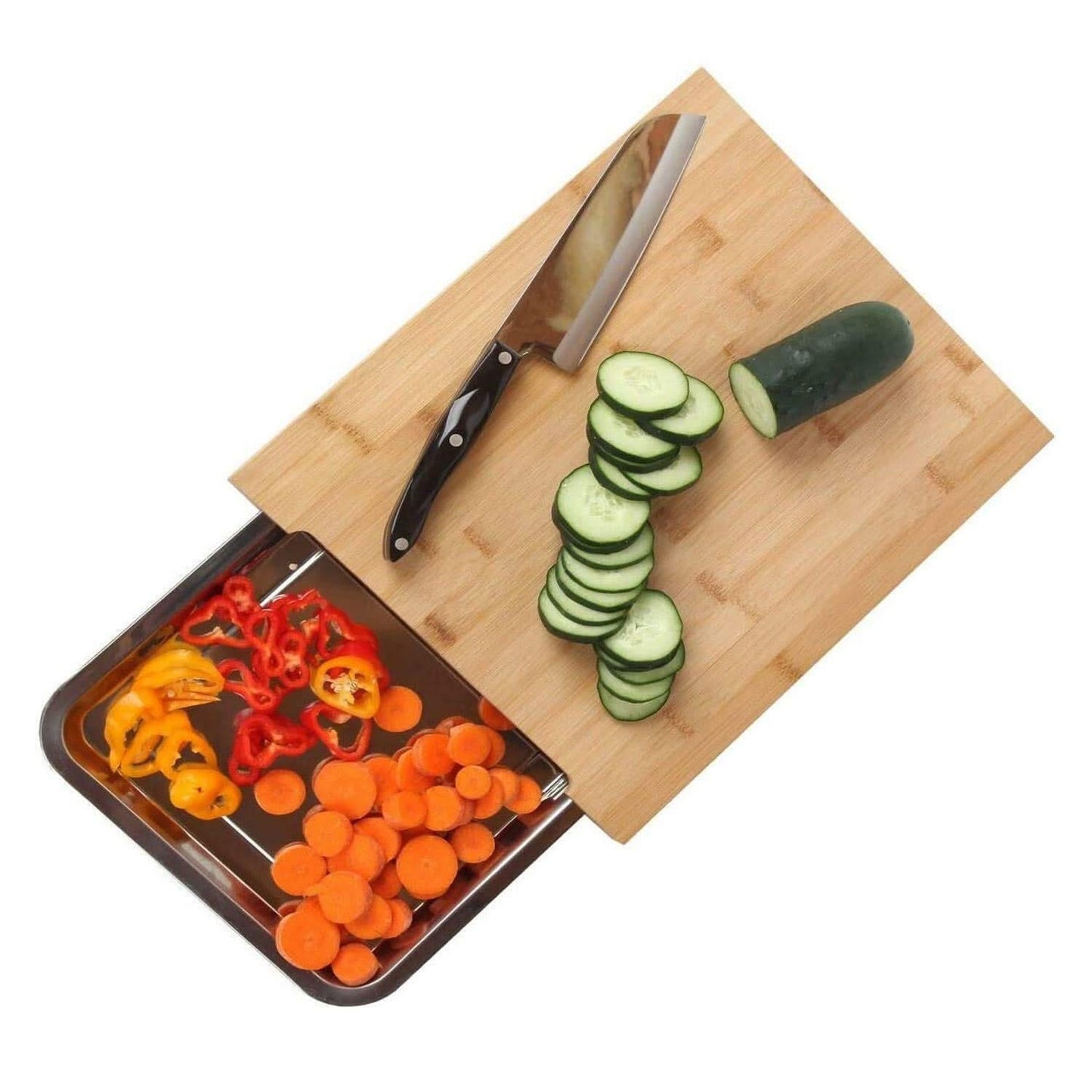 Wooden Bamboo Chopping Board with Sliding Stainless Steel Tray – Durable Cutting and Slicing Surface for Everyday Kitchen Use