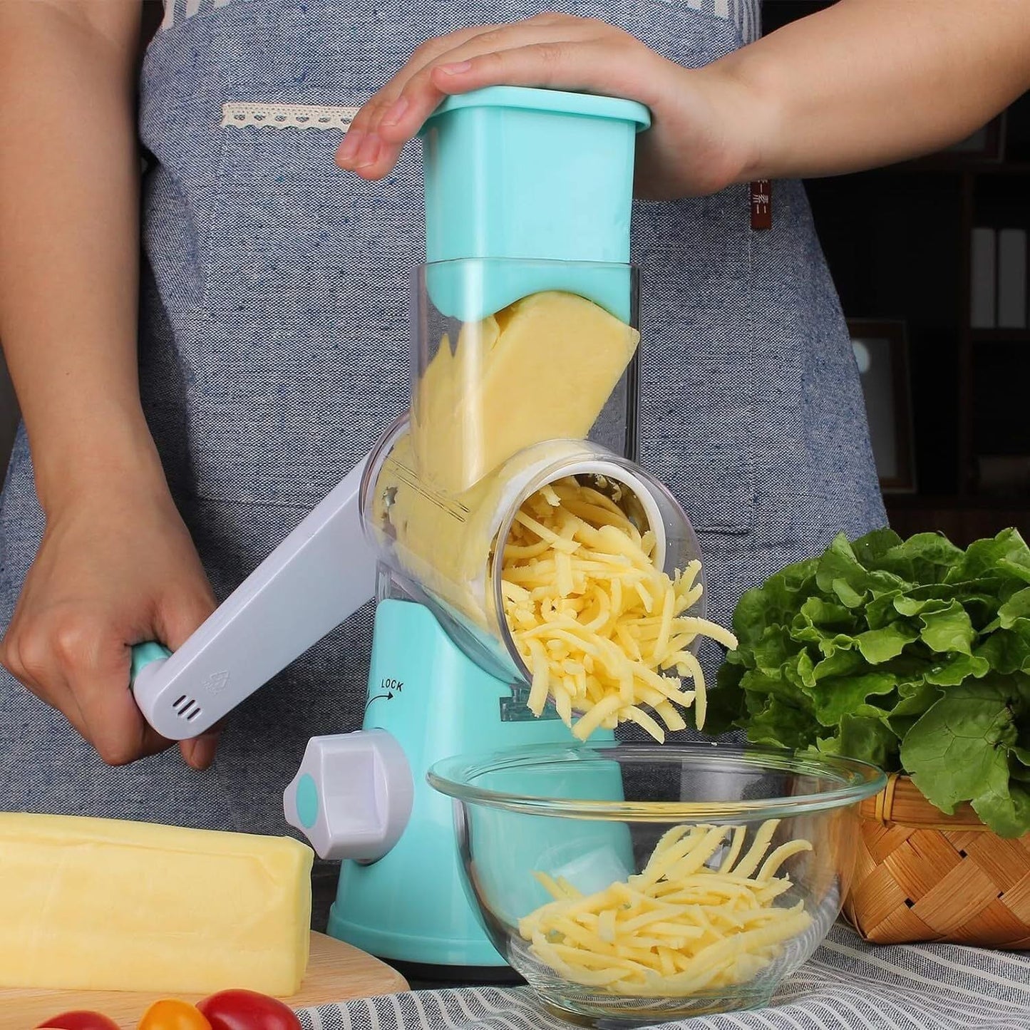 3 in 1 Rotary Cheese Grater – Multifunctional Slicer and Shredder with Easy-to-Swap Stainless Steel Interchangeable Rotating Drum Blades for Effortless Kitchen Prep Tool(Sky Blue)