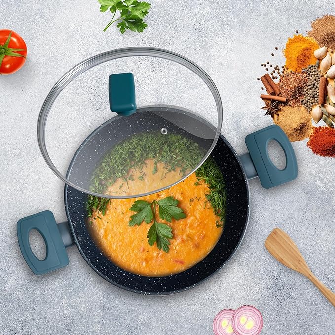 24 cm, 2.4 L Non Stick Kadai, Granite Stone Kadhai With Glass Lid, Kadai With Lid for Cooking, Bezel
