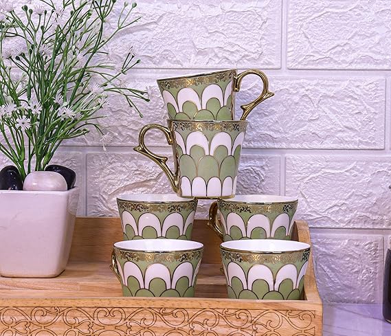 Water Drop Scale Pattern Golden Tea Mugs, Ceramic Tea Cups, Coffee Mugs, 160 ml, Green, 6 Pieces Set