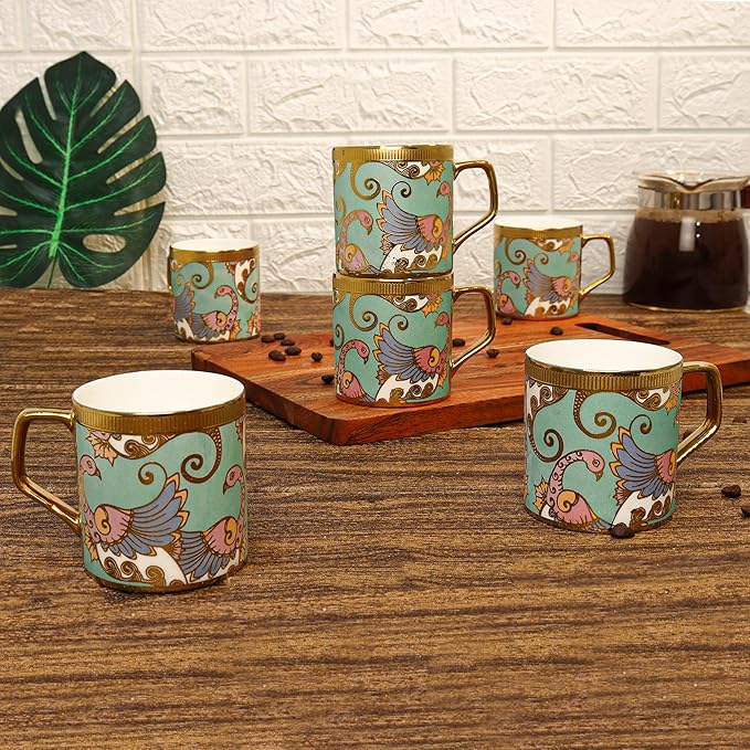 Bone China Gold Tea Cup, Dancing Peahens, 180 ml