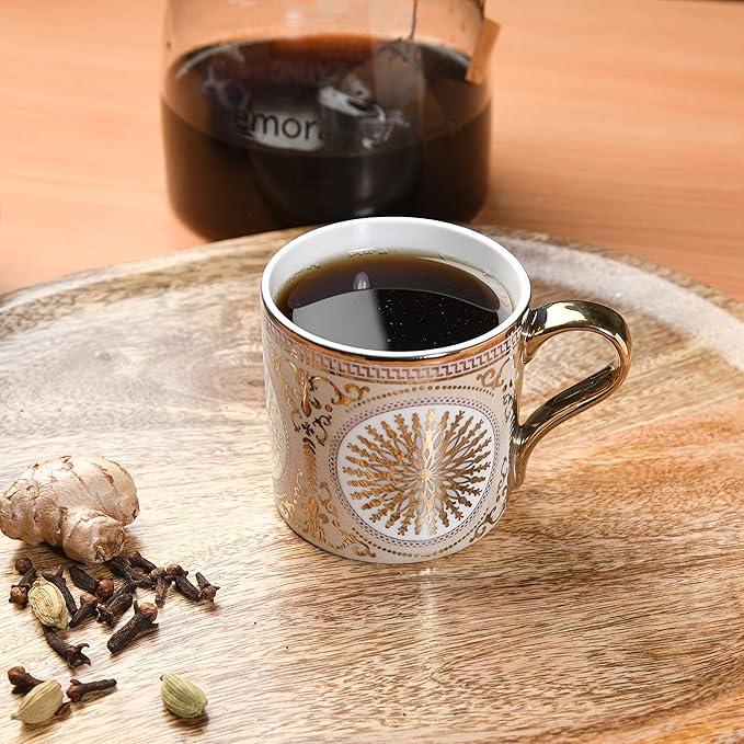 Mandala Pattern With Golden Handle Golden Coffee Mugs, 130 ml, 6 Pieces Set, Not Microwave Safe