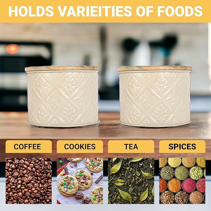 Kitchen Storage Jars Tin Jar With Wooden Lid Air Tight Jar, 300 ml, Set of 4