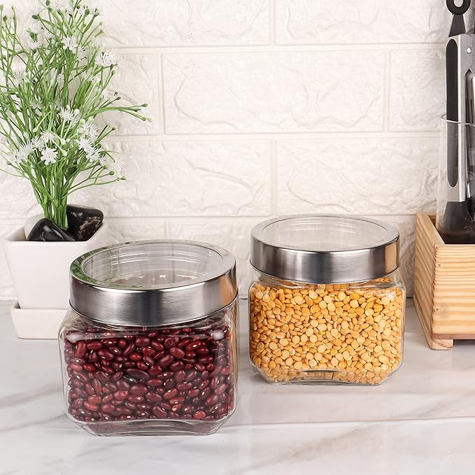 Kitchen Storage Jars Transperent Glass With Steel Lid Air Tight Jar, 850 ml, Pack of 2