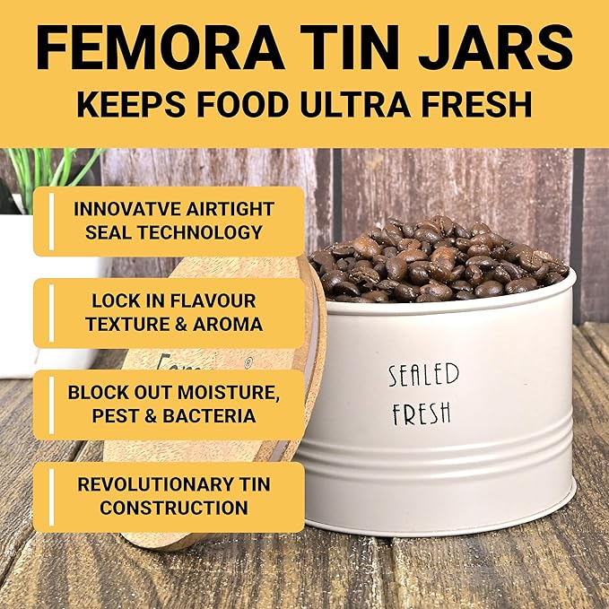 Kitchen Storage Jars Tin Jar With Wooden Lid Air Tight Jar, 300 ml, Pack of 2 - Design 2