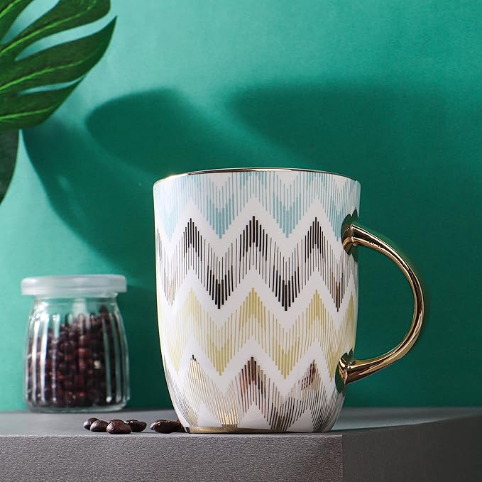 India Pastel Chevron Caremic Coffee Mugs, 360 ml, Golden, 1 Piece Set, Not Microwave Safe