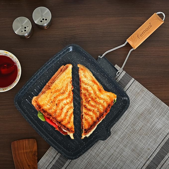 Carbon Steel Non-stick Square Grillpan With Folding Wooden Handle, 3 Layer Non-stick Coating Pan, Black