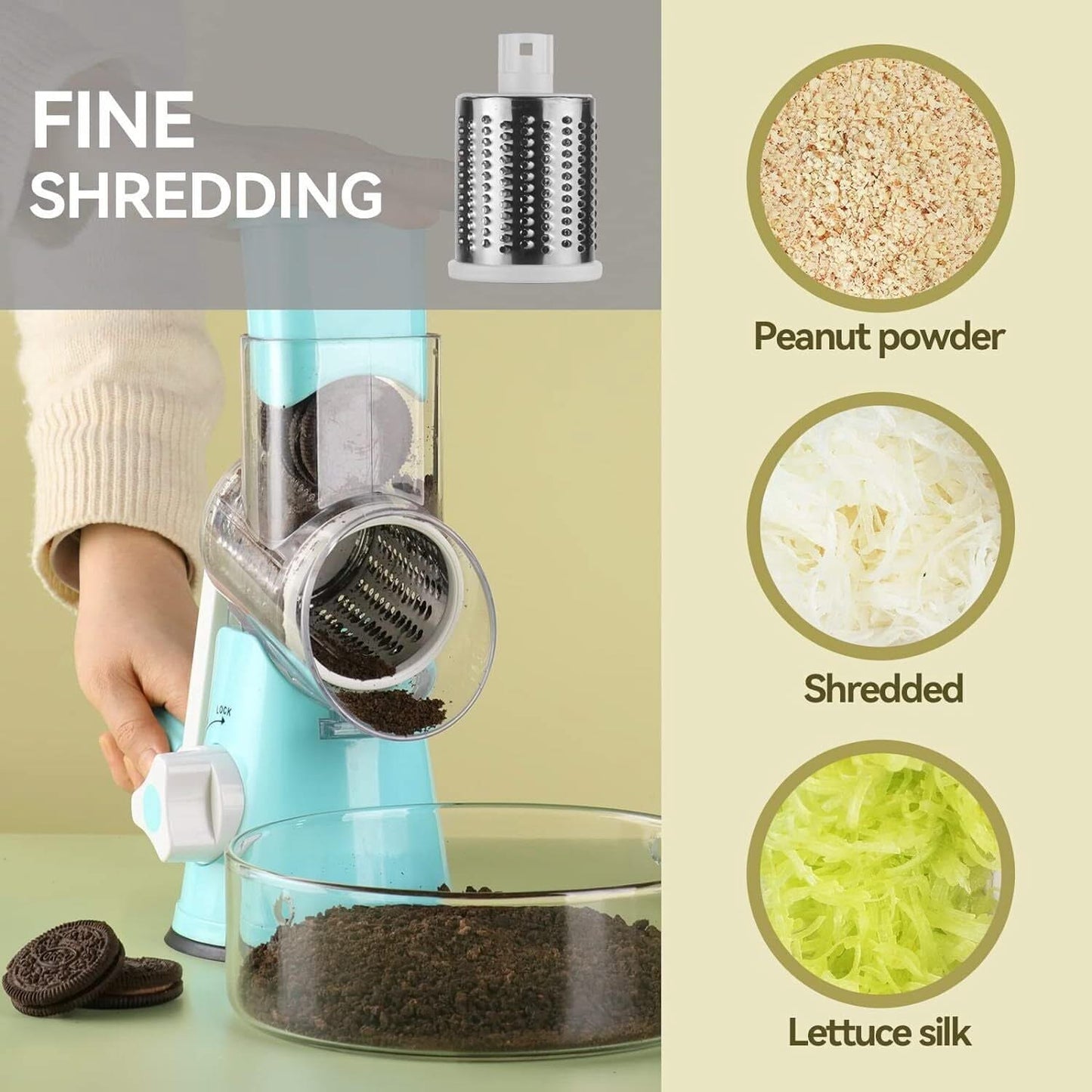 3 in 1 Rotary Cheese Grater – Multifunctional Slicer and Shredder with Easy-to-Swap Stainless Steel Interchangeable Rotating Drum Blades for Effortless Kitchen Prep Tool(Sky Blue)