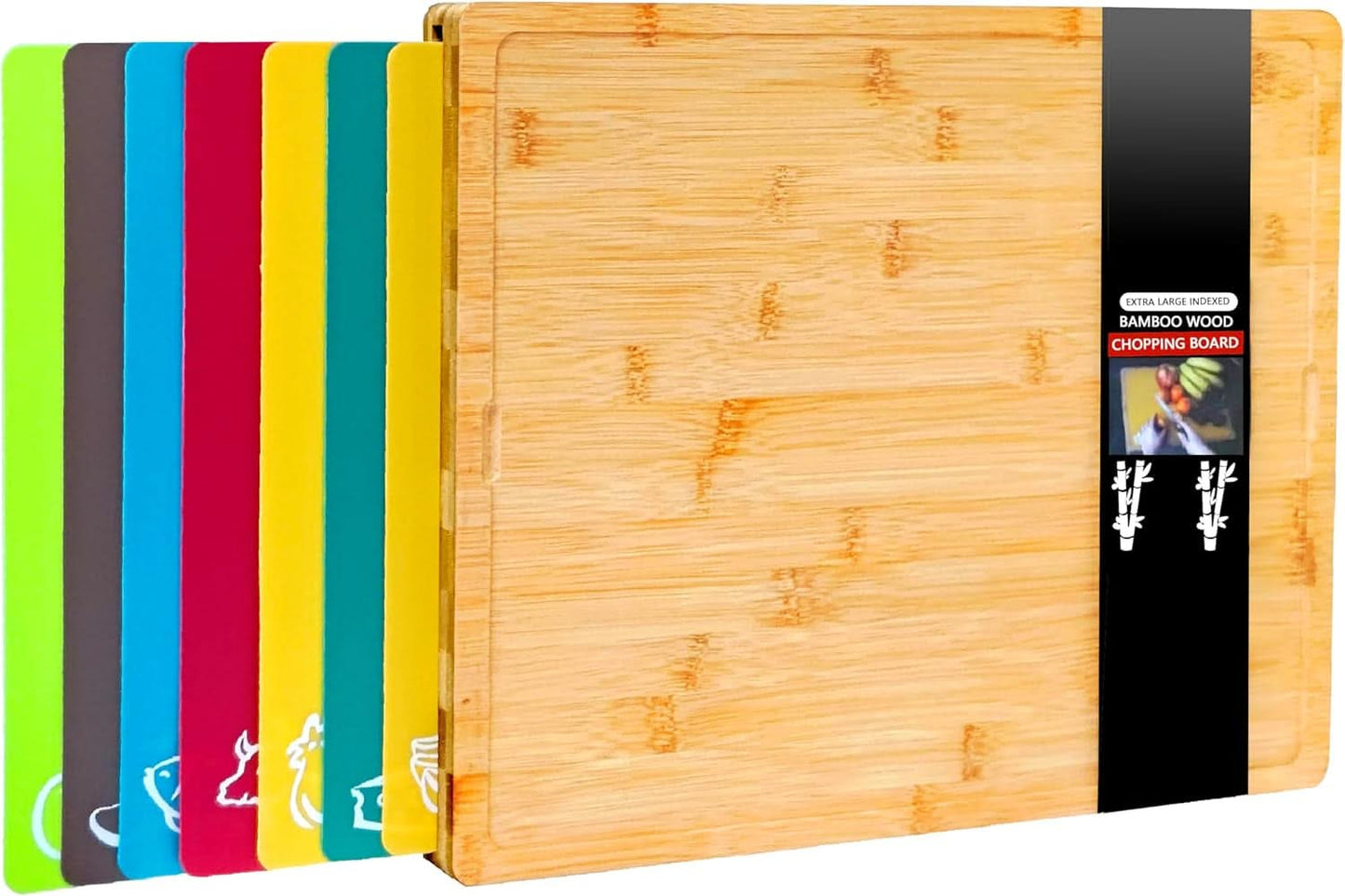 8 in 1 Extra Large Bamboo Wooden Chopping Boards Set with 7 Colour Coded PP Mats (Meat Bread Fish Cheese Dairy) Organic Antibacterial Odour Resistant Dishwasher Safe (42 X 34 X 3.5Cm)