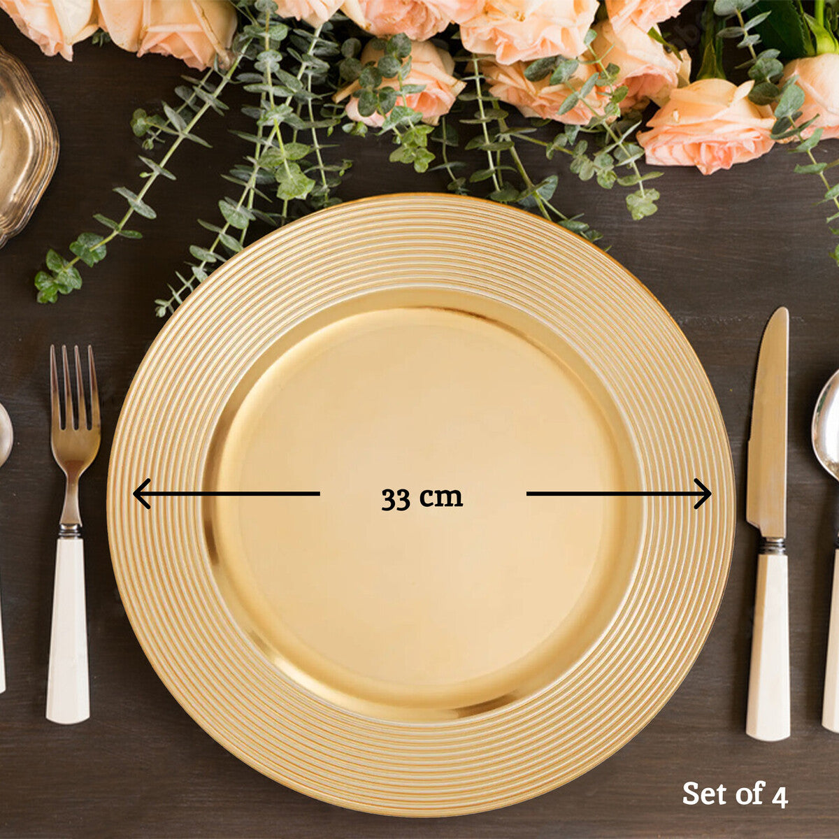 Set of Four 33cm Gold Charger Plates with Ribbed Rims | Dia