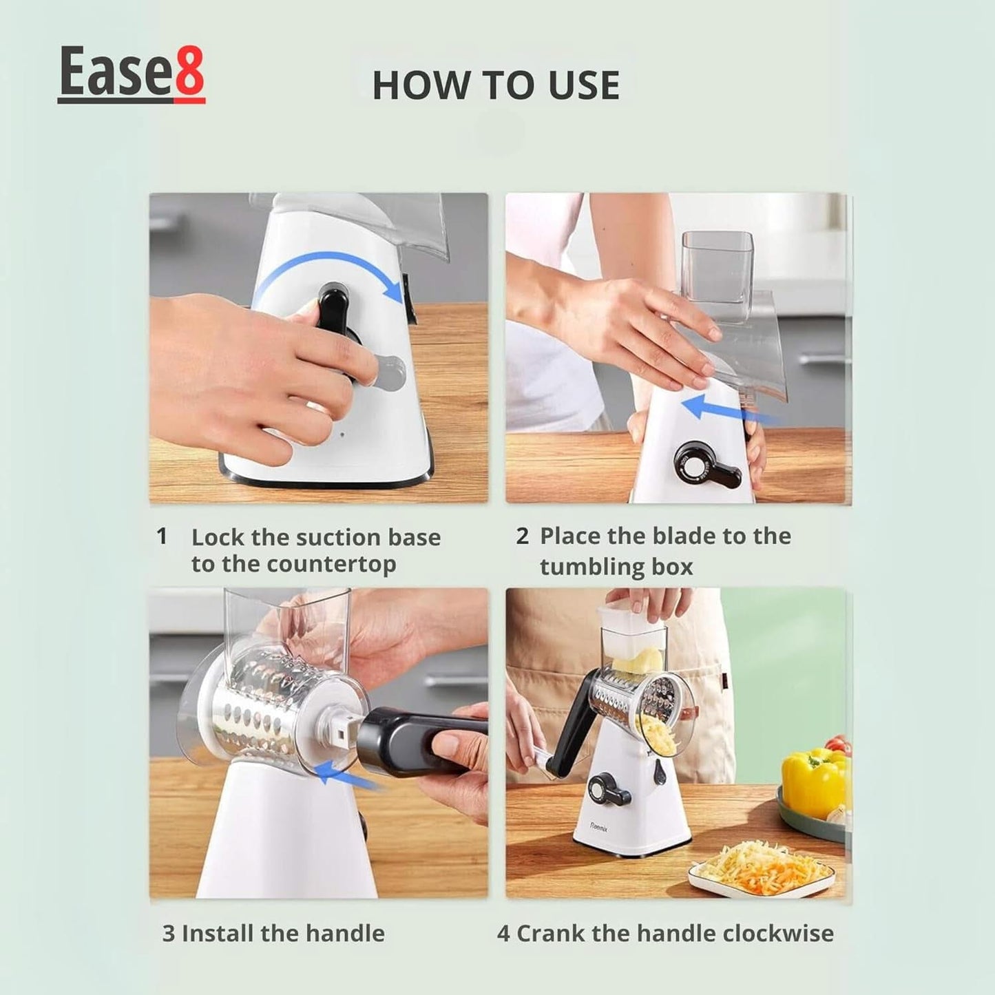 3 in 1 Rotary Cheese Grater – Multifunctional Slicer and Shredder with Easy-to-Swap Stainless Steel Interchangeable Rotating Drum Blades for Effortless Kitchen Prep Tool