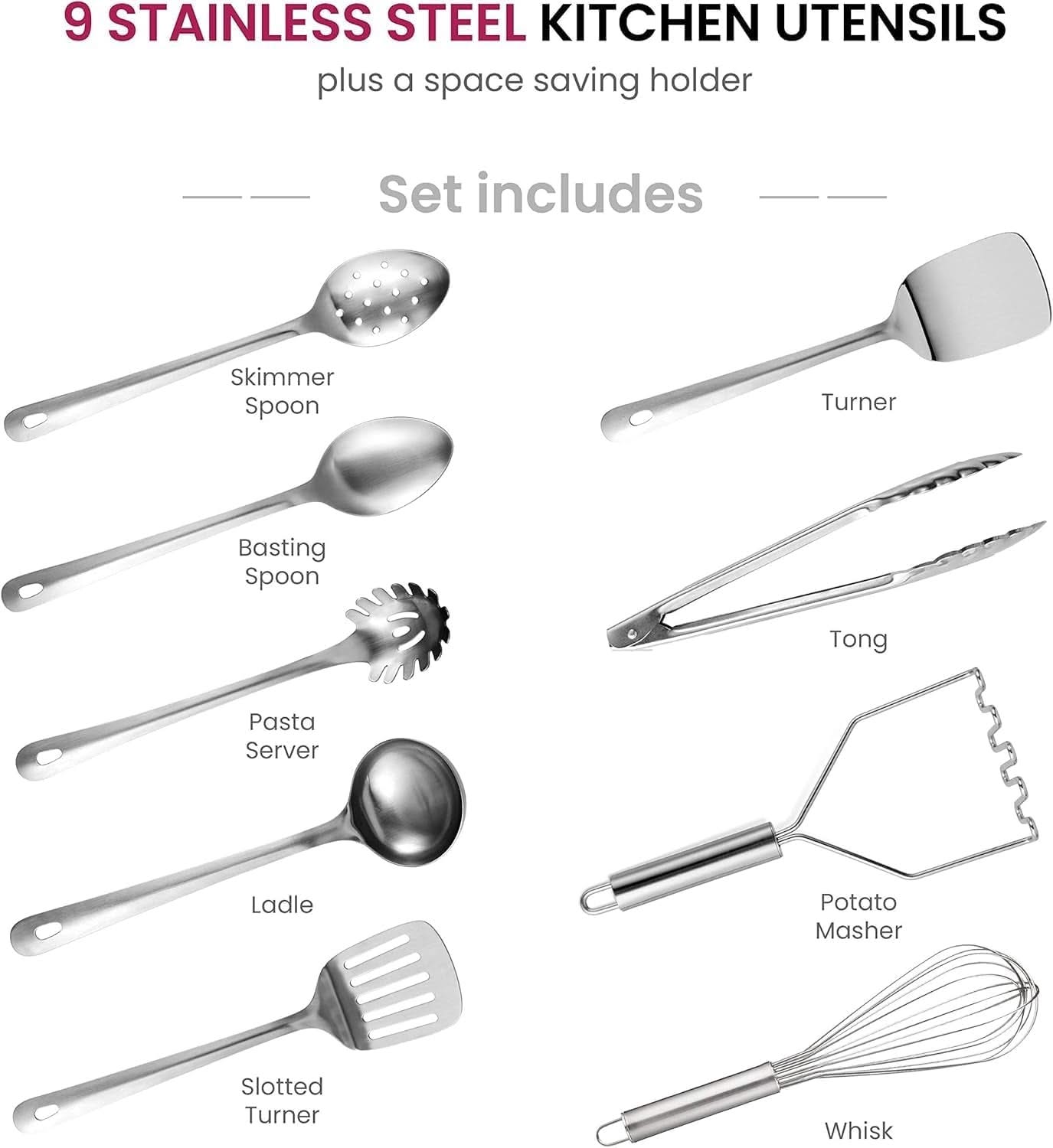 10-Piece Stainless Steel Utensil Collection – Premium Nonstick, Heat-Resistant Tools for Every Task: Turner, Ladle, Spaghetti Server, Tongs, Serving Spoons, Whisk, Potato Masher & Handy Holder Organizer