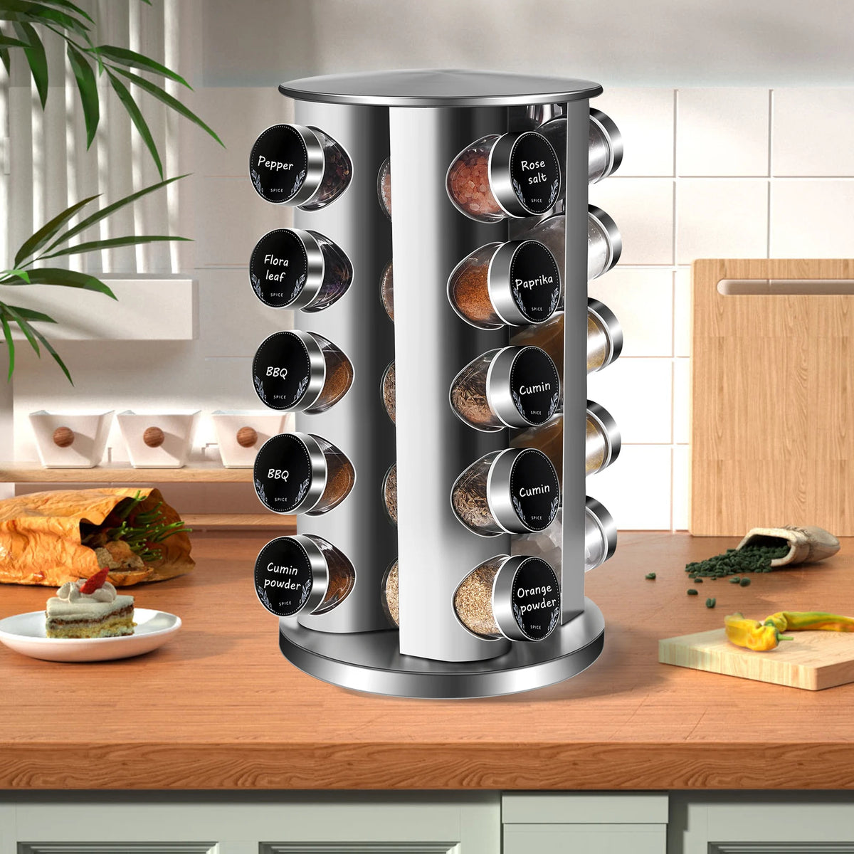 360° Rotating Stainless Steel Spice Carousel with 20 Round Glass Jars – Freestanding Spice Rack with Labels & Funnel – Best for Worktops, Cupboards & Shelves