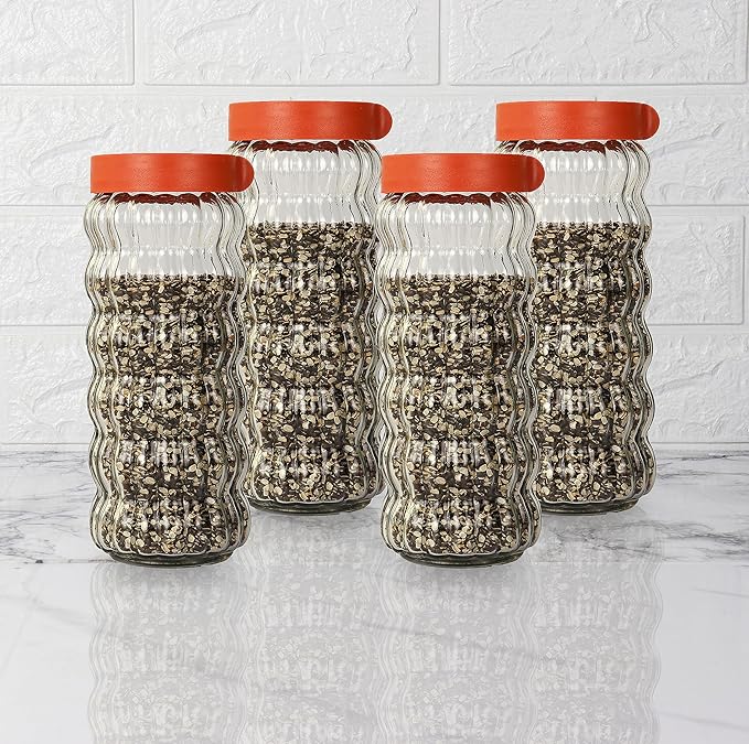 Kitchen Storage Jars Clear Glass With Plastic Stackable Lid Jar, 1000 ml, Pack of 4