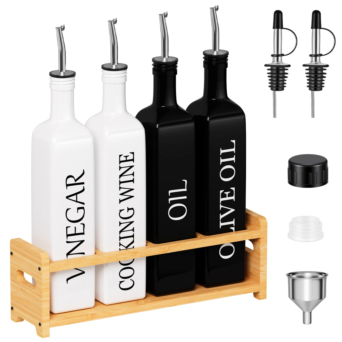 Oil & Vinegar Dispenser Set with Bamboo Rack – Black & White Glass Bottles with Steel Pour Spouts, Stoppers & Funnel – Great for Worktops & Dining Tables
