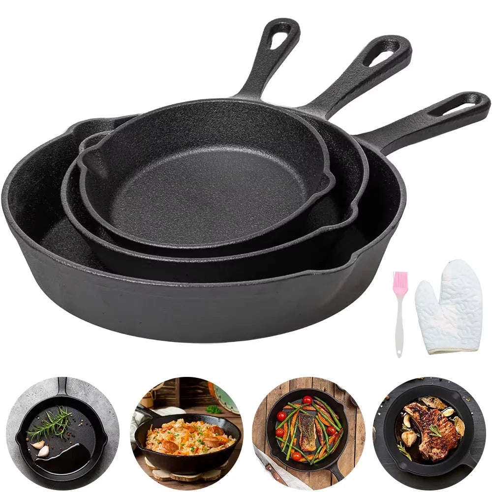 Pre-Seasoned Cast Iron Skillet Set with Brush & Gloves – 3 Heavy Duty Griddle & Frying Pans 16cm, 20cm & 26cm – Great for Grilling, Roasting & Baking