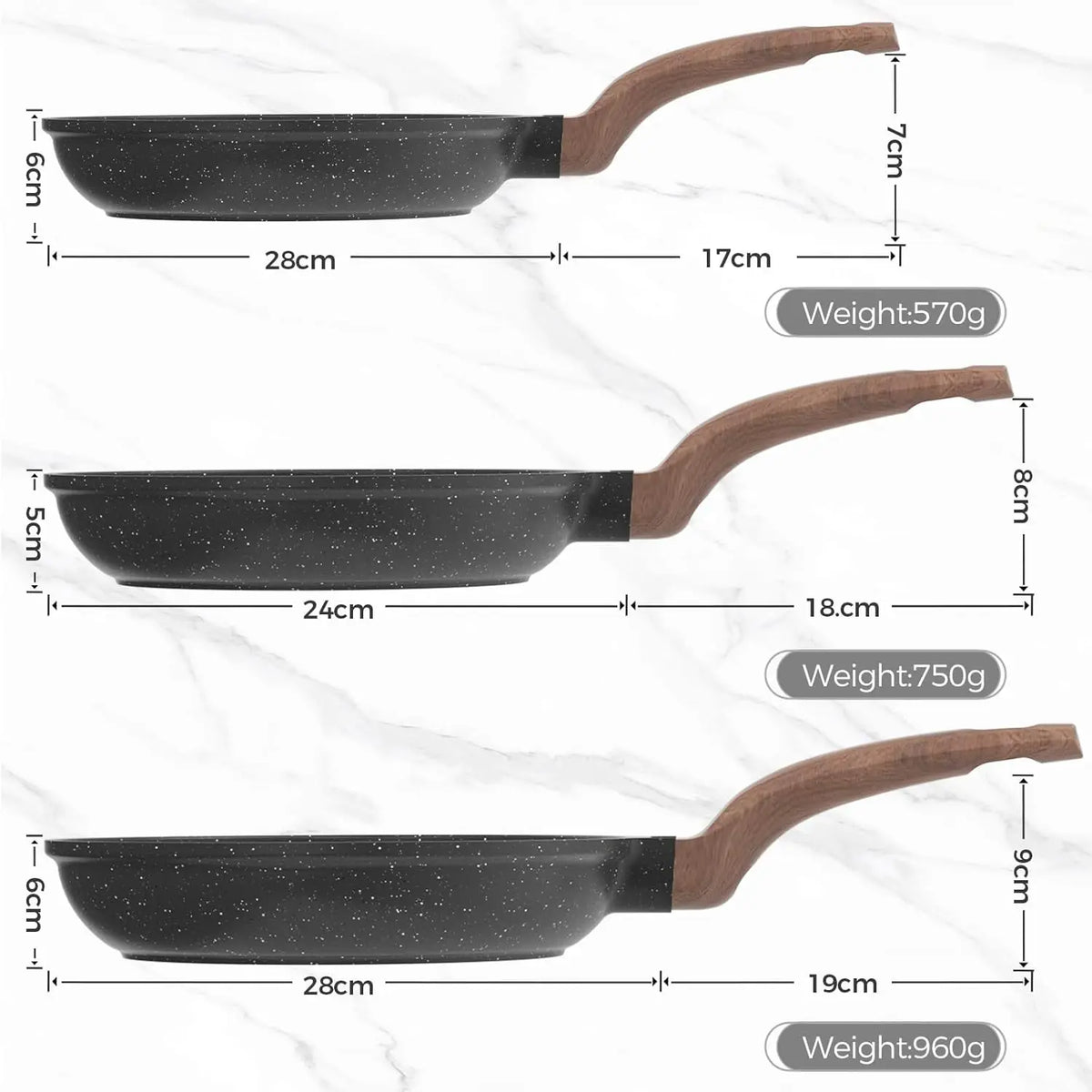 3 Piece Granite Non-Stick Frying Pan Set – Induction Skillets for Omelettes & Everyday Cooking – Ideal for Eggs, Pancakes & Stir-Fries