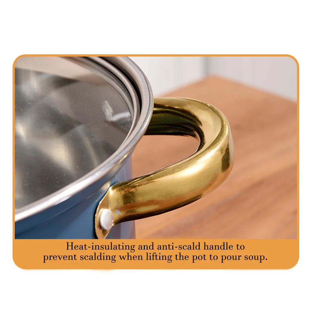 10-Piece Blue Stainless Steel Cookware Set with Glass Lids & Gold-Colored Dual Handles – Multi-Purpose Anti-Scald Stock & Soup Pots, Ideal for Soups, Milk, Porridge & One-Pot Cooking, Compatible with Gas and Induction Stoves, Includes Spoon