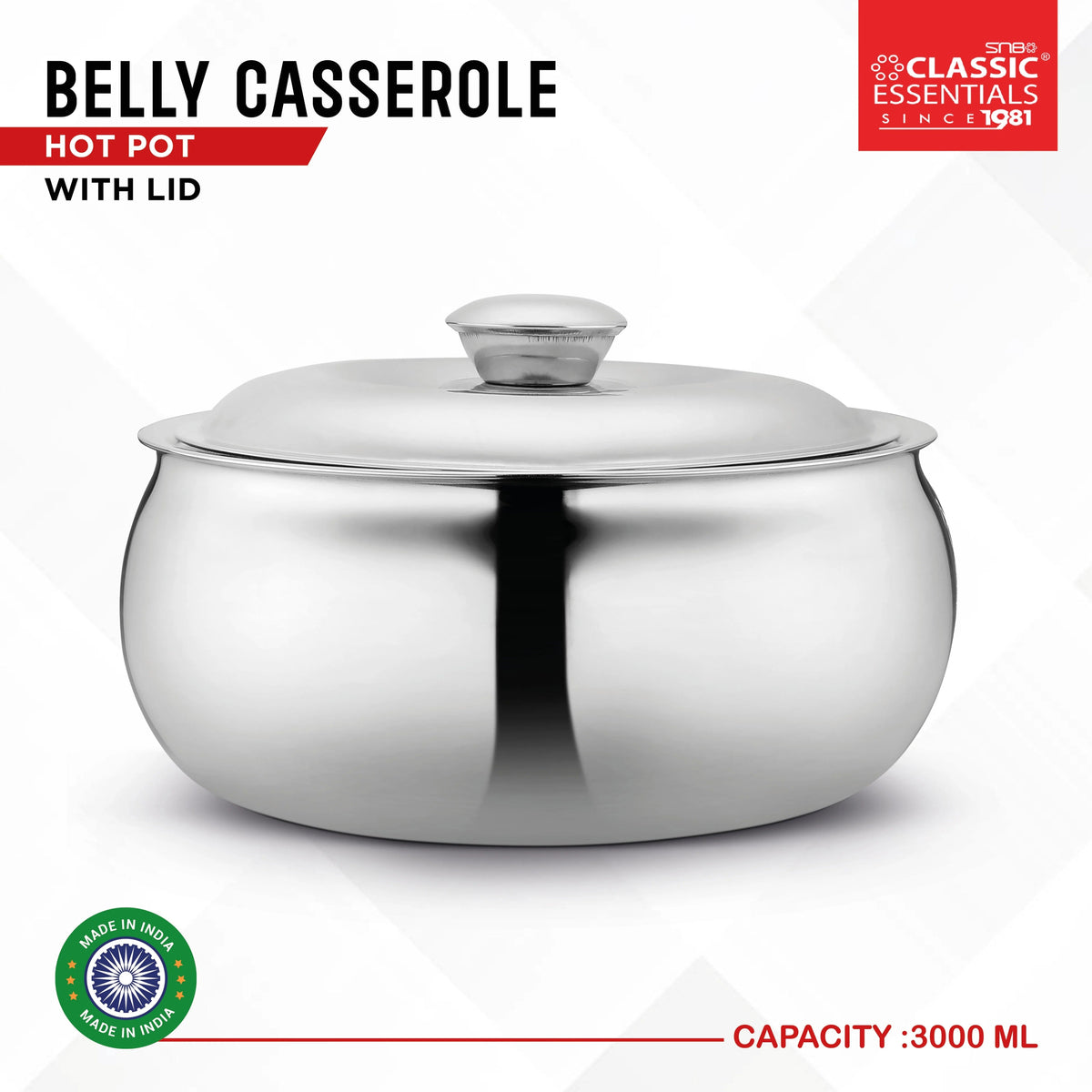 Belly Stainless Steel Tripot Hot-Pot Thermoware Insulated Casserole with Lid - 1500 ml