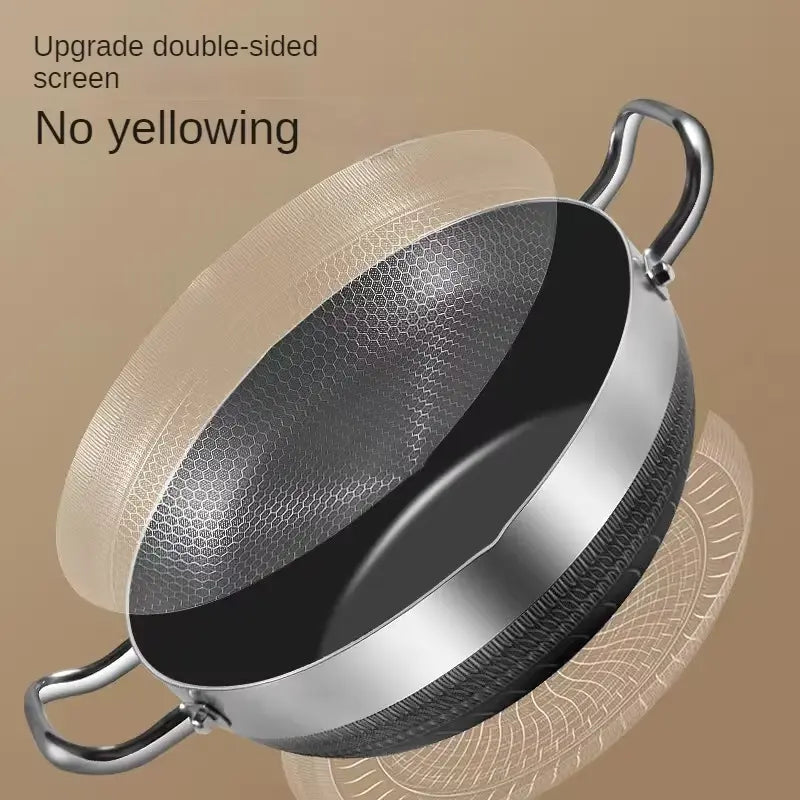 Honeycomb Stainless Steel Wok with Lid & Dual Handles – Multipurpose All-in-One 3-in-1 Design Combining Wok, Frying Pan & Soup Pot Functions – Ideal for Stir-Frying, Frying, Searing, Deep-Frying, Sautéing, Boiling, Stewing, Soups, Stocks & Daily Cooking