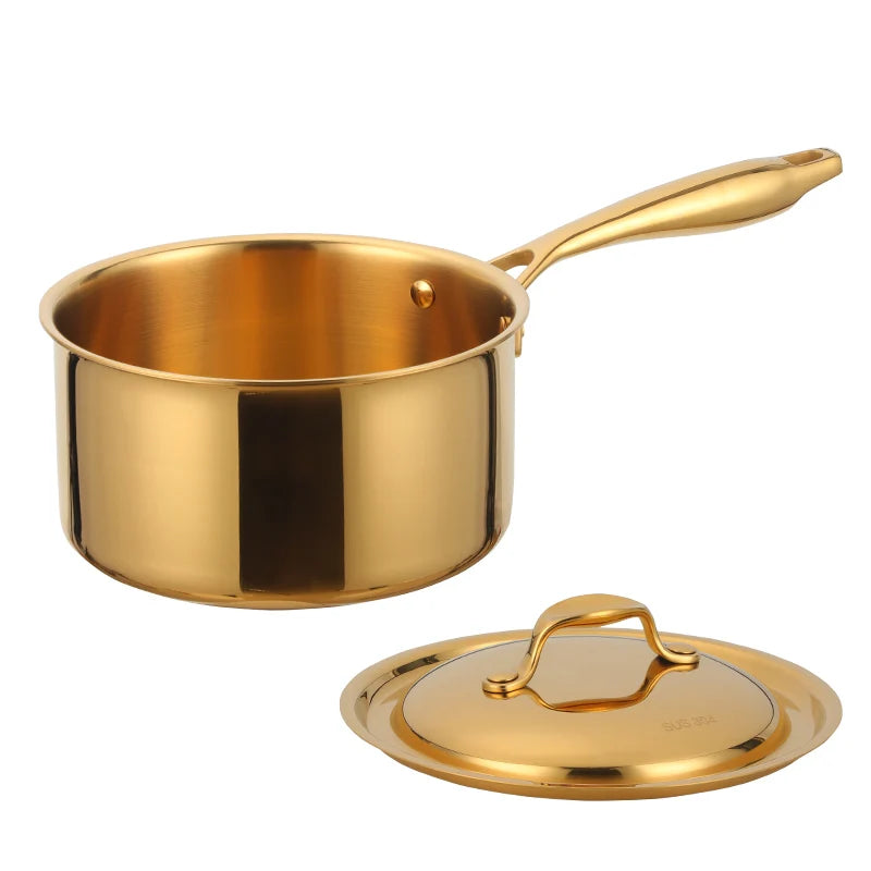 Golden Stainless Steel Saucepan with Lid & Long Handle – 3-Layer Base Cooking Pot for Boiling Milk, Soups, Sauces & Daily Meals – Heat-Resistant Grip – Induction & Gas Stove Compatible – 2.4L (18cm