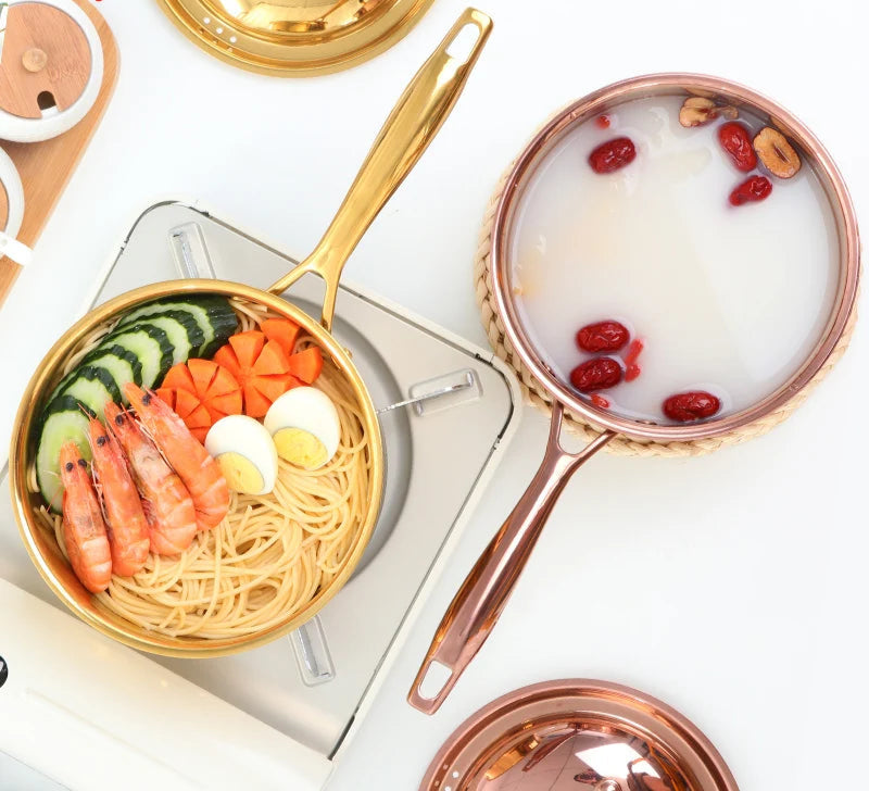 Golden Stainless Steel Saucepan with Lid & Long Handle – 3-Layer Base Cooking Pot for Boiling Milk, Soups, Sauces & Daily Meals – Heat-Resistant Grip – Induction & Gas Stove Compatible – 2.4L (18cm