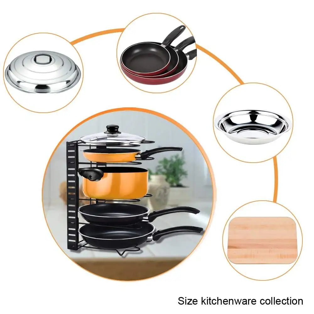 Adjustable Pot & Pan Organiser Rack – Storage Stand for Cookware, Bakeware, Chopping Boards & Kitchen Essentials – Freestanding Countertop-Compatible or Cabinet-Compatible – Available in 4-Tier or 5-Tier