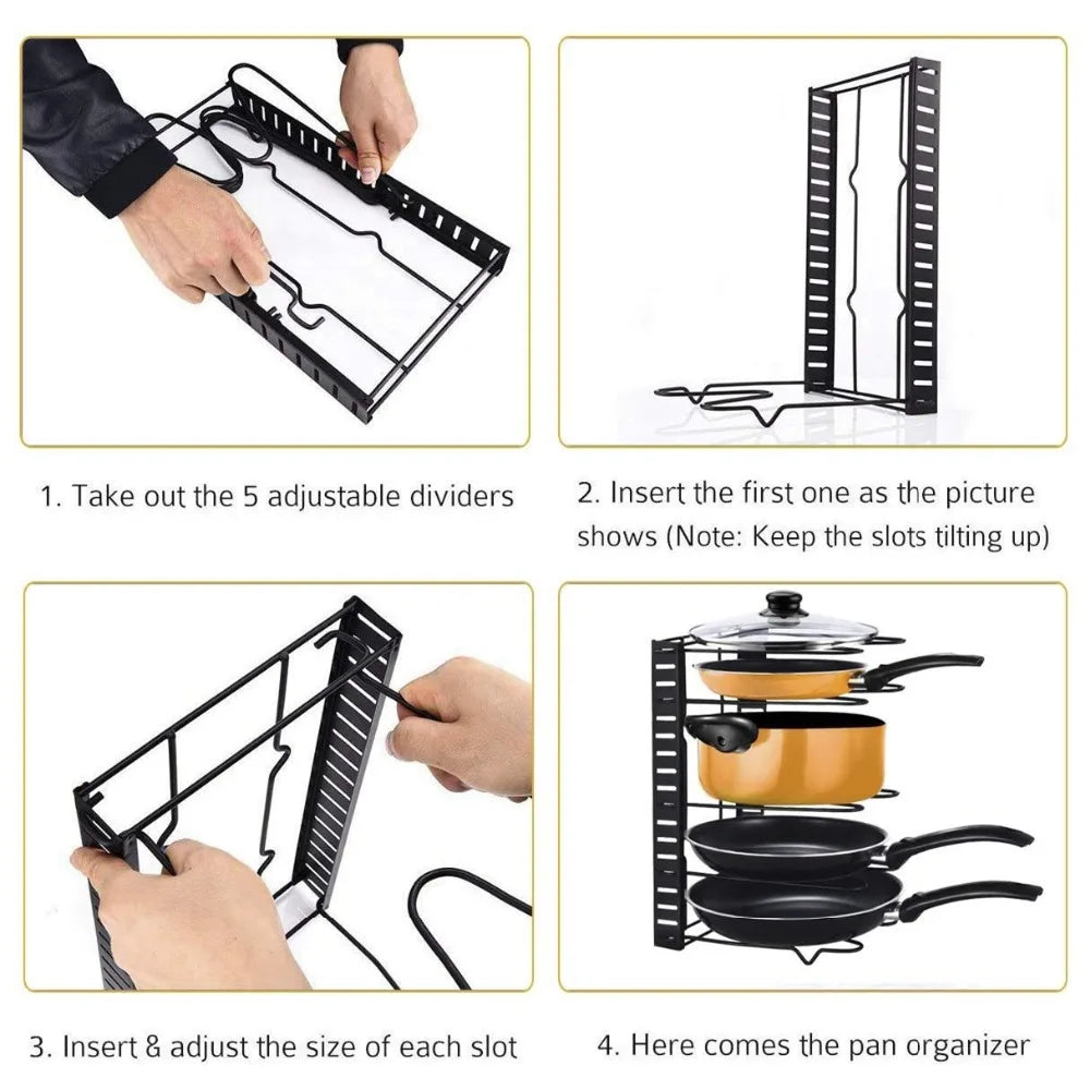 Adjustable Pot & Pan Organiser Rack – Storage Stand for Cookware, Bakeware, Chopping Boards & Kitchen Essentials – Freestanding Countertop-Compatible or Cabinet-Compatible – Available in 4-Tier or 5-Tier